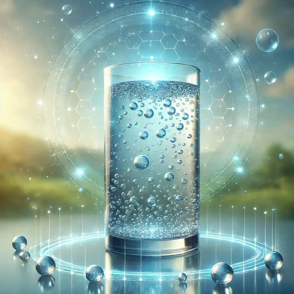 Glas mit wasserstoffreichem Wasser, umgeben von leuchtenden Molekülstrukturen – Evodrop Hydrogenwasser für natürliche Gesundheit und Wohlbefinden.