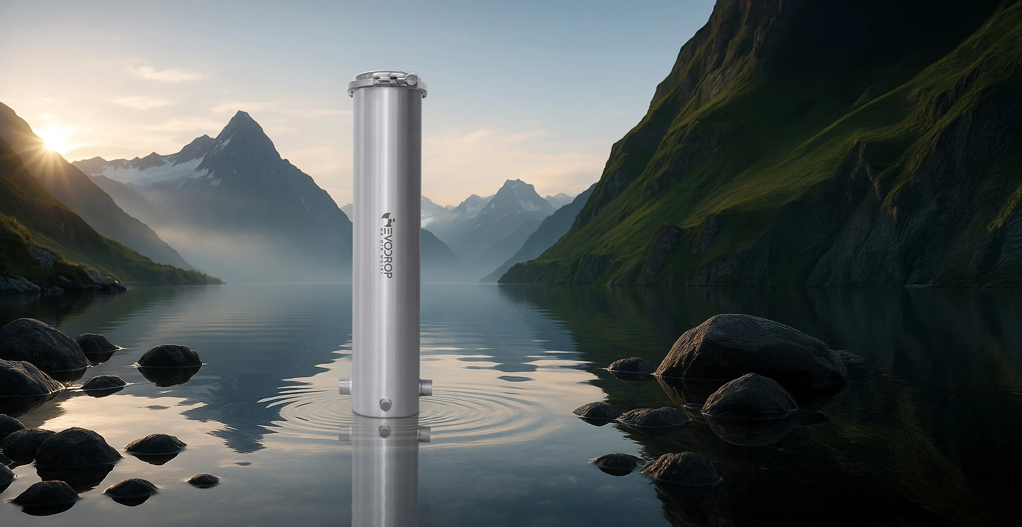 Filtro de agua doméstico Evodrop frente a un paisaje alpino de montañas y lagos: tecnología de agua pura inspirada en la naturaleza